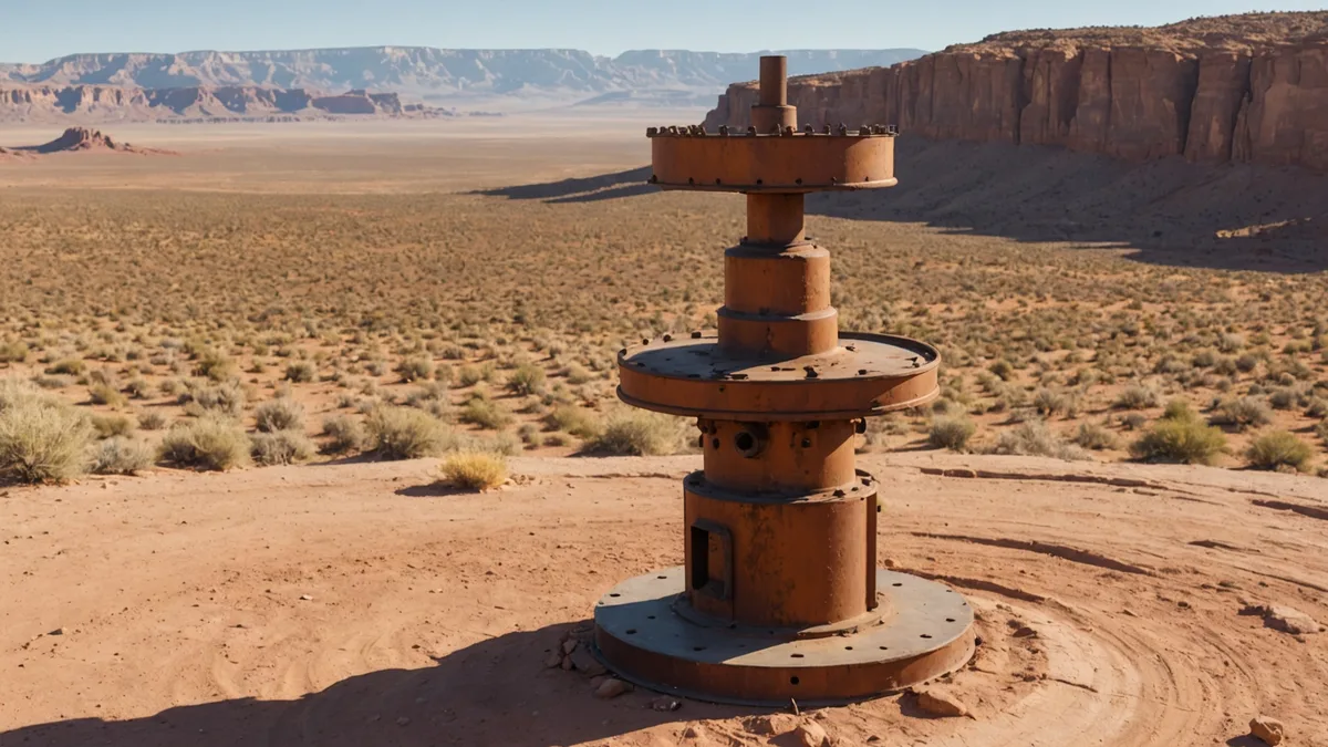 Abandoned wellhead cap in Western US desert terrain